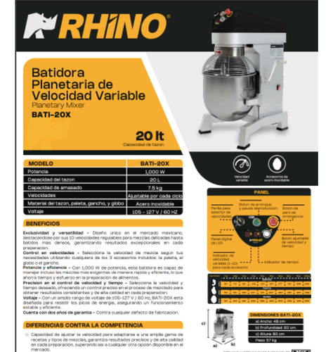 Batidora Planetaria Velocidad Variable 20 Lt Rhino Bati-20x