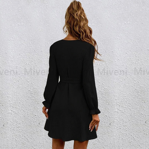 Vestido De Color Sólido Con Cuello Abierto Y Manga Linterna