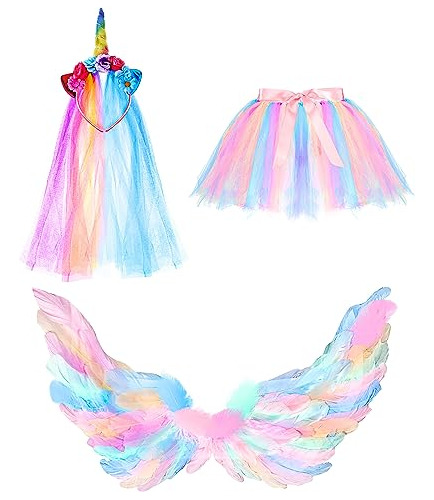 Conjunto De Alas De Unicornio, Tutú Y Diadema De Unicornio Para Disfraz De Hada Para Niñas - Accesorios De Disfraz De Halloween Y Cumpleaños