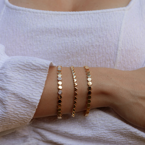 Pulseira De Ouro 18k Com Diamantes 17cm Hexagonal Hexágonos