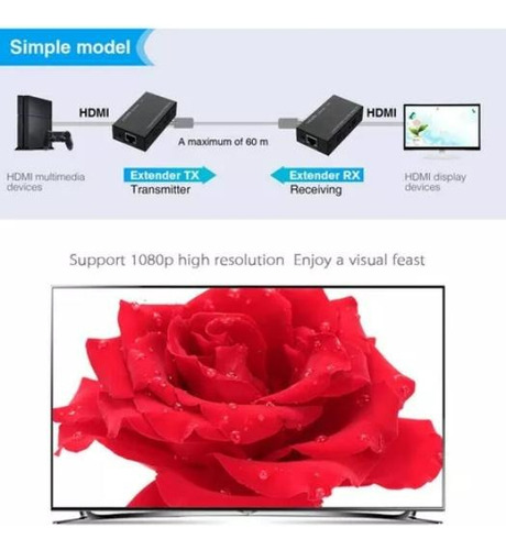 Extensor Video Audio Digital 60mts Hdmi Cable Red Utp Rj45