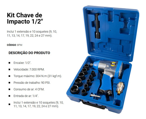 Chave Impacto Pneumatica 1/2 Polegada C/ Acessorios Eda 8pm