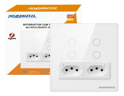 Interruptor 4 Teclas + 2 Tomadas Touch 4x4 Zigbee Alexa Branco