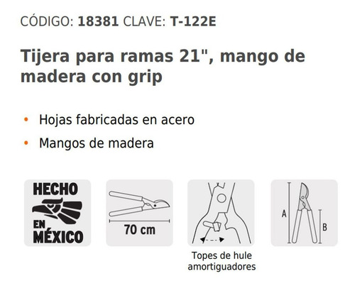 Imagen 2 de 5 de Tijera De Poda Ramas Mango Madera Grip 21¨ Truper 18381