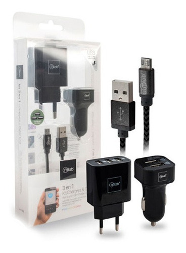 Kit 3 En 1 Cargador Auto Pared Micro Usb 