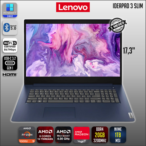 Ideapad 3 Slim 17 Polegadas R5-5500u 20gb Ssd 1tb Nvme Vega7 Abyss Blue (Recondicionado)