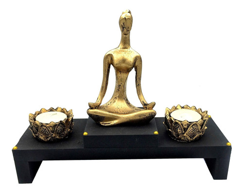 Imagem 1 de 5 de Kit Altar Castiçal Vela Yoga Meditando Zen Dourado20cm 466