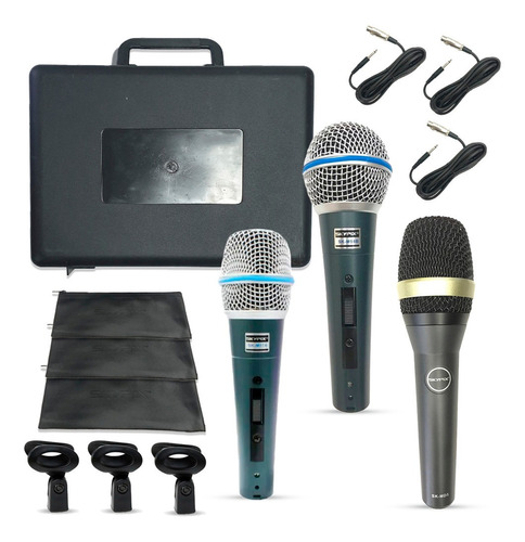 Kit 3 Microfone Dinâmico Cardióide Skypix + Maleta