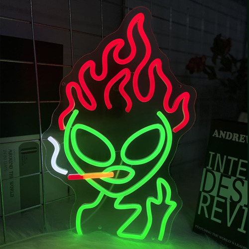 Letrero De Neon Verde Con Llama Roja Para Habitacion, Letrer