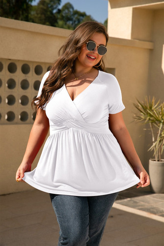 Blusa Casual Manga Corta Cuello V Talla Extra For Mujer
