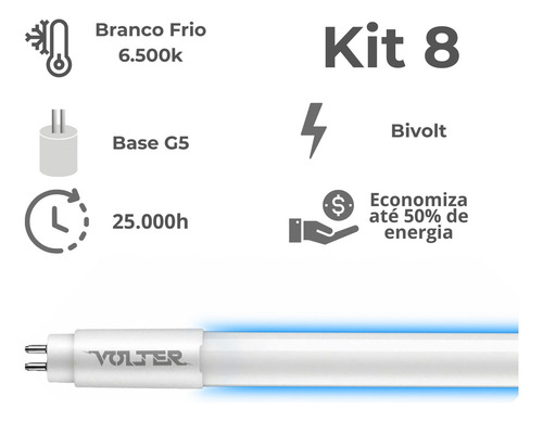 Kit 8 Lâmpada Led Tubular Volter 18w T5 115cm G5 127/220V Branco Frio 6500k 2000lm
