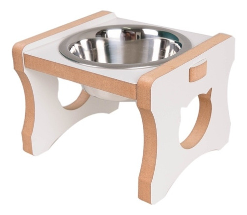 Comedouro Individual Elevado Gato Mdf Branco Tx - Inox