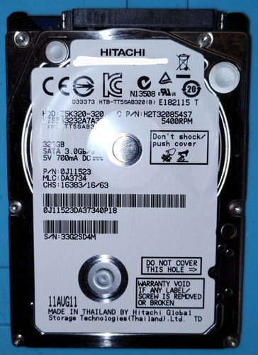 Disco Rigido Notebook Hitachi 320gb 7mm Sata2 Impecable