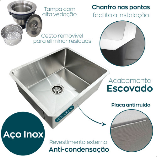 Cuba Inox Gourmet 50x40 Cm Quadrada De Embutir Bancada E Valvula Higiênica 4 1/2 Com Cesto Removível Aço Inox Pia Cozinha Dona D.cor