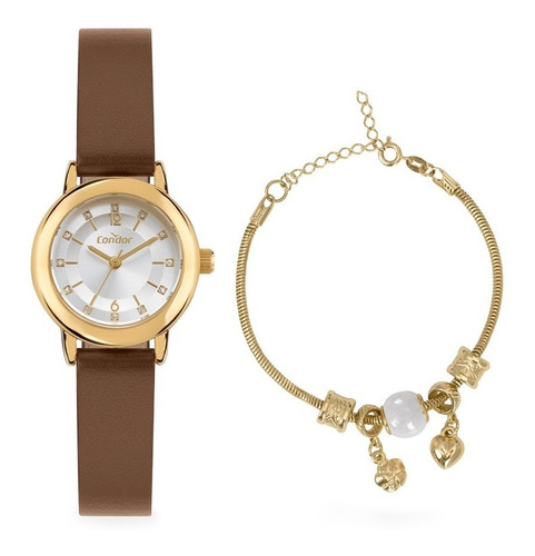 Relógio Feminino Condor Luxo Dourado + Pulseira Com Berloque