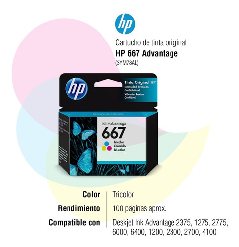Imagen 2 de 6 de Cartucho Hp 667 Tricolor Original 3ym78al Hp Deskjet 2775