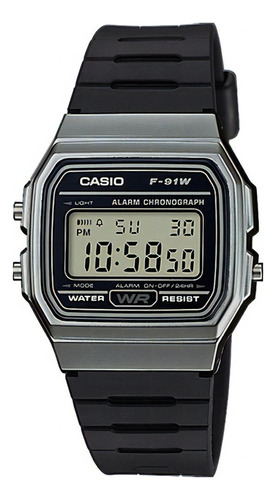 Reloj Casio Digital F-91w Black Clásico Unisex Retro Color de la correa Negro Color del bisel Gris oscuro Color del fondo Gris