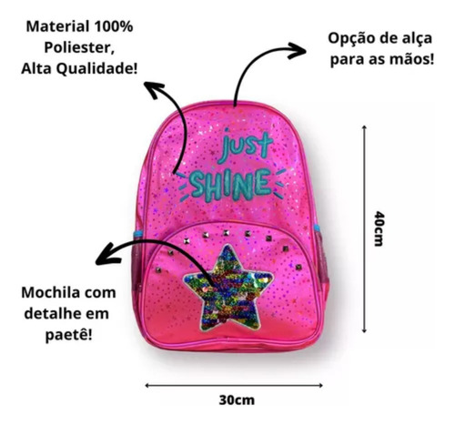 Mochila De Costas Escolar Holografica Paetê Just Shine Rosa Desenho do tecido Estrela