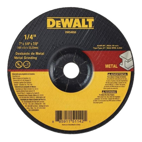 Disco Abrasivo Desbaste T27 7 X 1/4 Dewalt Dw54850