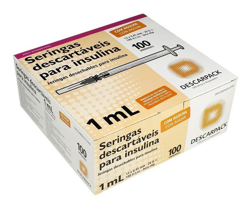Seringa Com Agulha Para Insulina 1 Ml - 100 Unid- Descarpack