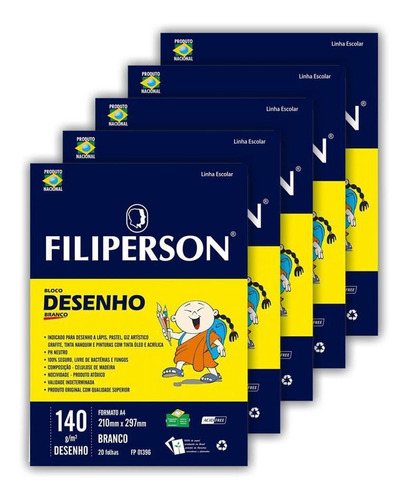 Bloco Desenho A4 Filiperson 140g 20 Folhas Com 5 Blocos