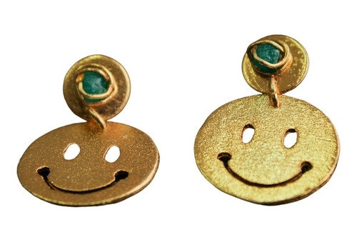 Aretes Cara Alegre Mujer Enchape Oro 24k Esmeralda En Bruto