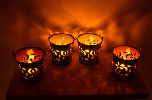 Set 4 Fanales Mini Balde + 4 Velas Led 2 Colores Decoracion