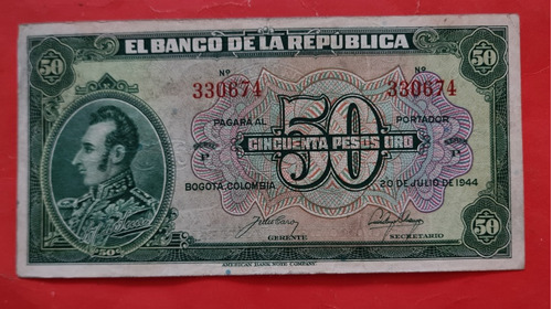Billete Cincuenta Pesos 1944 Colombia.