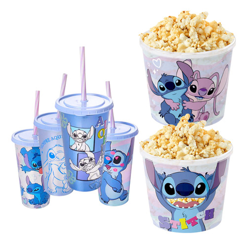 Kit Cinema Stitch Disney Balde + Copo Com Canudo 500ml
