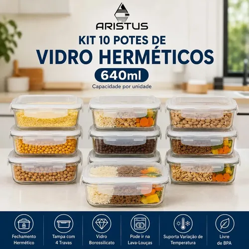Kit 10 Potes Vidro Hermético Aristus 640ml Marmita Anti Vazamento Forno Micro-ondas Freezer Tampa 4 Travas - Branco