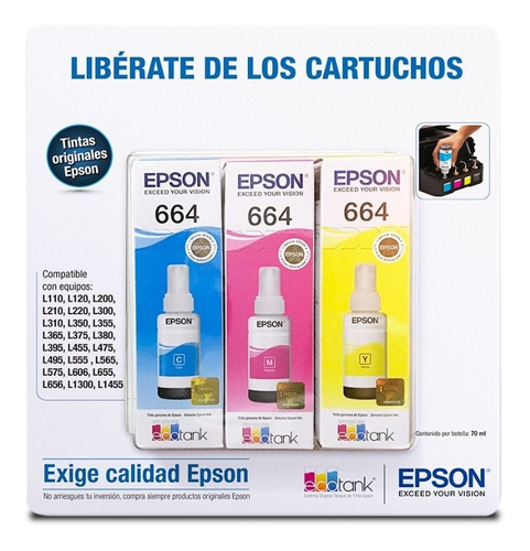 Pack 3 Tinta Epson T664 Ecotank Tinta Continua 6500 Pag C/u