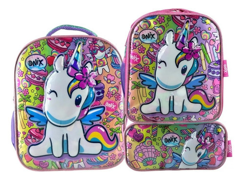 Set Mochila Lonchera Y Lapicera Preescolar Chica Kinder Ruz Niña Onix Unicornio 174600 Exen Coleccion Color Azul