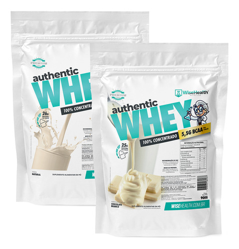 Kit 2 Authentic Whey 900g sabores Chocolate Branco e Natural WiseHealth