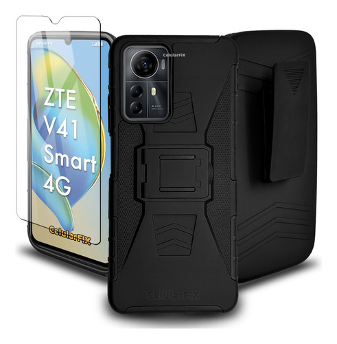 Funda Protector P/ Zte V41 Smart 4g, Rudo Clip C/ Cristal Color Negro Zte V41 Smart 4g