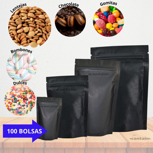 100 Bolsa Stand Up Pouch Con Cierre Negro Mate De 150 Grs