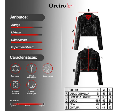 Campera Mujer Biker Oreiro Love Simil Cuero Cropped Tachas