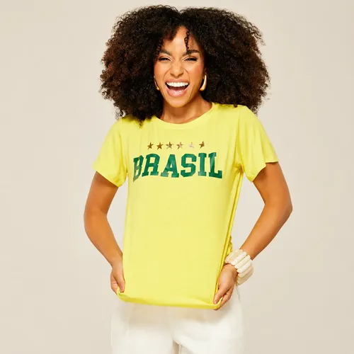 Camiseta Feminina Brasil Amarela Copa 6 Estrela Hexa