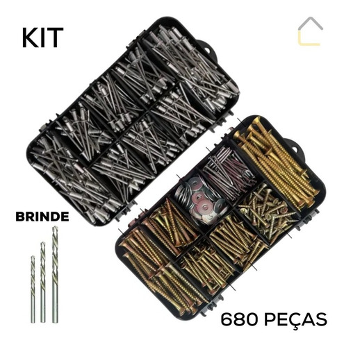 680pç Parafusos/arrebite/pregos/arruelas Grátis 3 Brocas Top