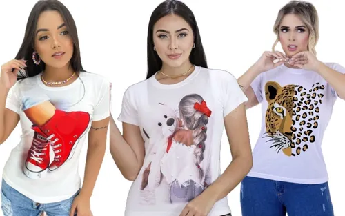 Camiseta Feminina Kit 3 Tshirt Com Pedraria Luxo Atacado