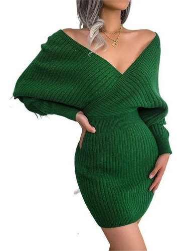 Vestido De Punto De Invierno Para Mujer Con Cuello En V Wool