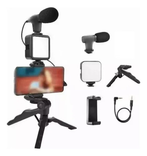 Kit Video Streaming Microfono Para Celular Tripode Luz Led C Negro