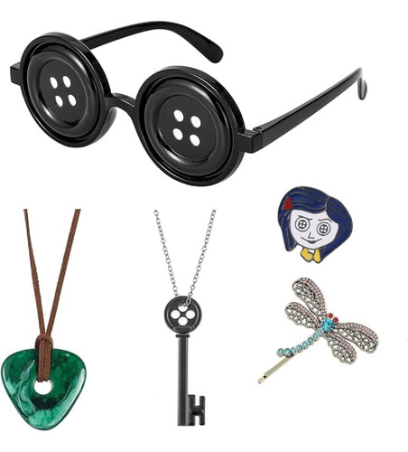 Accesorios Para Disfraz De Halloween, Anteojos De Película Coraline, Collar Con Colgante De Llave, Piedra De Ver, Collar, Broche, Pinzas Para El Pelo