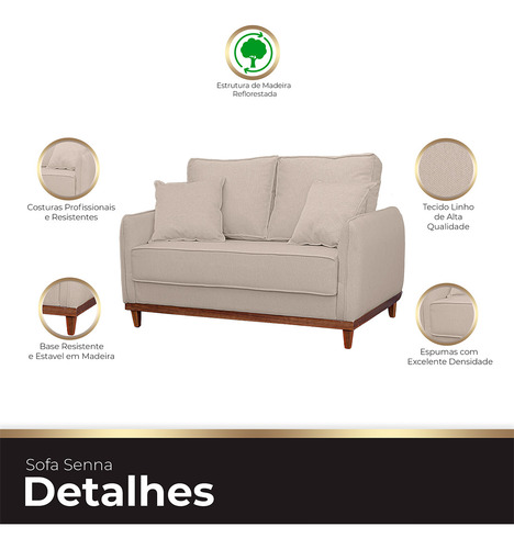 Kit Poltrona Sofa Sena 2 Lugar Base Madeira Sala Linho Palha