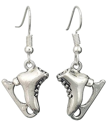 Figure Ice Skate Antique Silver Tone Dangle Earrings