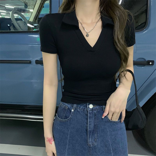 Polo Ajustado Con Cuello En V Para Mujer, Corto Casual De Ve