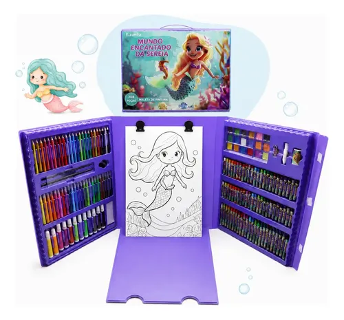 Kit Pintura Infantil Sereia 208 Peças Maleta Estojo Completa Com
