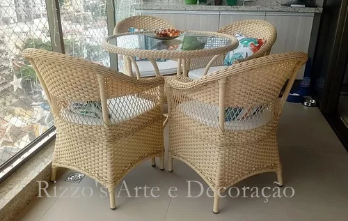 Conjunto De Mesa 4 Cadeira Jardim Varanda Fibra Sintética - R$ 2.140