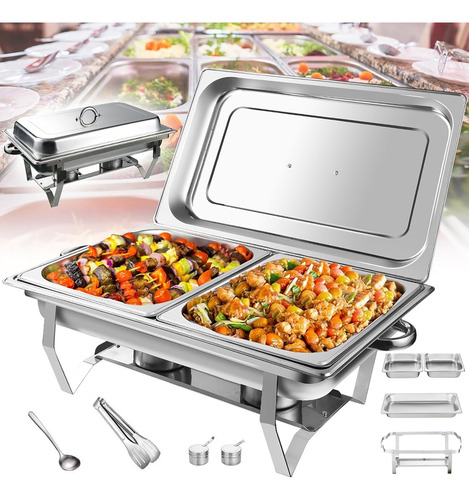 Rechaud Retangular 11 Litros Com 2 Cubas 1/2 Banho Maria E Fogão A Álcool 100% Aço Inoxidável Ideal Para Bufês Restaurantes Banquetes Potlucks Gaonas®