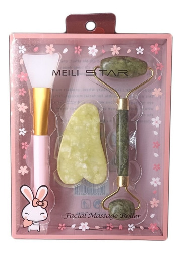 Kit Espátula + Roler + Guasha Pedra De Jade Para Skincare