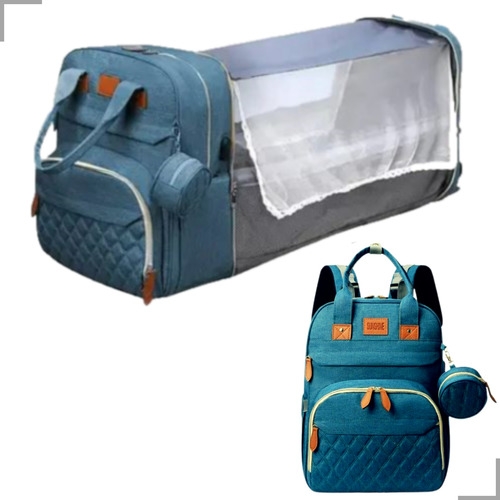 Bolsa Maternidade Bebe Com Berço Trocador E Mochila Termica Cor Azul-petróleo Desenho Do Tecido Losango